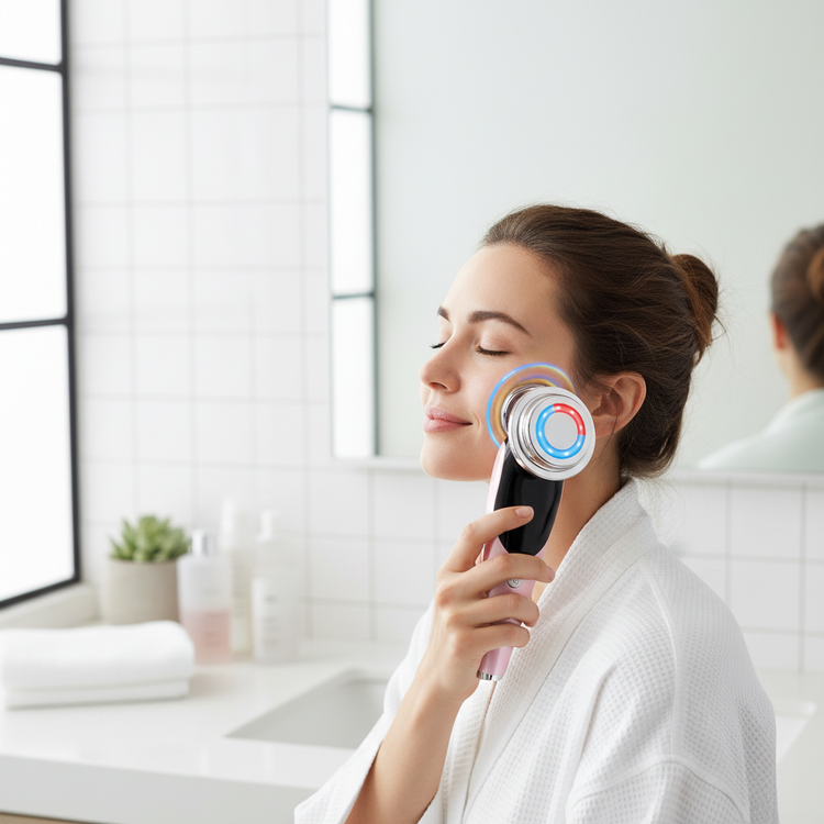 Woman using facial massager in bathroom lifestyle photo