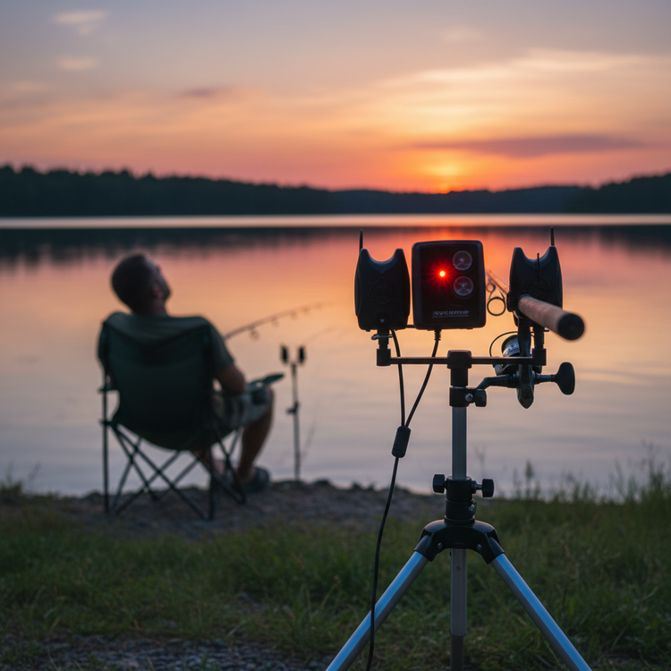 Wireless fishing bite alarm at lake sunset lifestyle photo