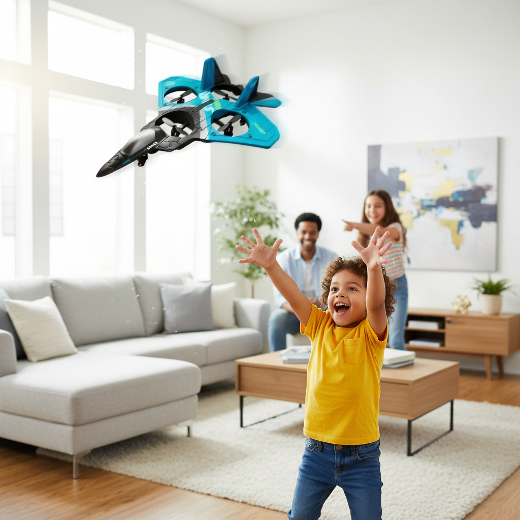 Child playing with blue RC fighter jet airplane indoors lifestyle photo
